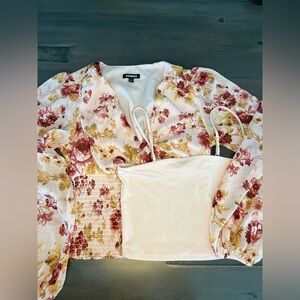 Express Floral Print Puff Sleeve Top and Cropped Bodycon Set